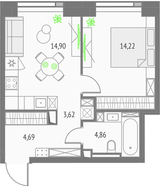 Планировка: 1 спальня, 42,29 м², Атлас