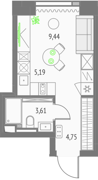 Планировка: студия, 22,99 м², Атлас