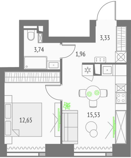 Планировка: 1 спальня, 37,21 м², Монте Бьянко