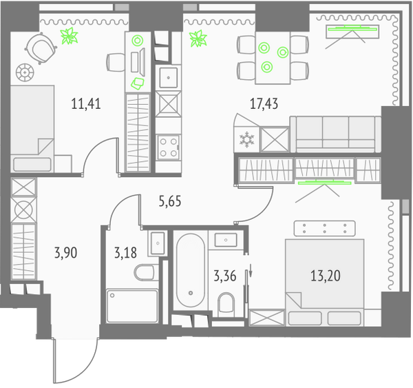 Планировка: 2 спальни, 58,13 м², Монте Бьянко