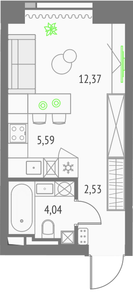 Планировка: студия, 24,53 м², Монте Бьянко