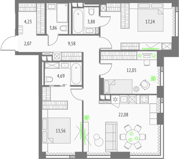 Планировка: 3 спальни, 93,24 м², Олимп